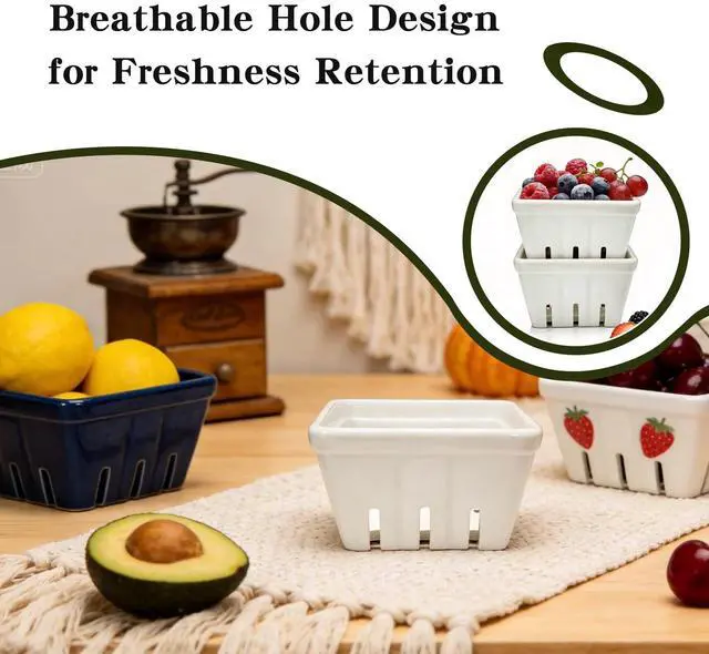 Alt view image 5 of 6 - Set of 2 Ceramic Berry Basket, Square Ceramic Fruit Bowl with Holes, Glass Fruit Bowl Alternative for Kitchen Counter,Ideal for Strawberry Grape Cherry Gray-White,4 Inch
