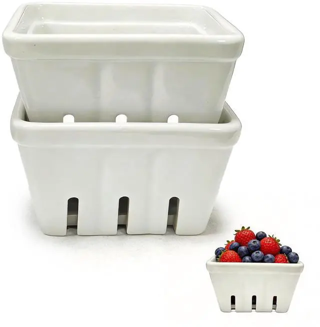 Main image of Set of 2 Ceramic Berry Basket, Square Ceramic Fruit Bowl with Holes, Glass Fruit Bowl Alternative for Kitchen Counter,Ideal for Strawberry Grape Cherry Gray-White,4 Inch