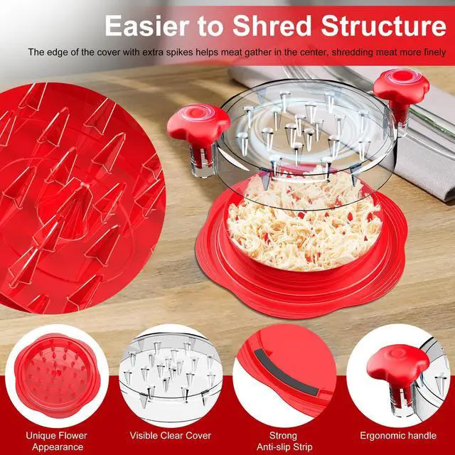 Alt view image 3 of 7 - Chicken Shredder Tool Twist Large Chicken Breast Shredder with Brush&Fork, Visible Meat Shredder Machine, Anti-Slip Strip, Ergonomic Handle, BPA Free, Suitable for Pork Beef Chicken(Red)