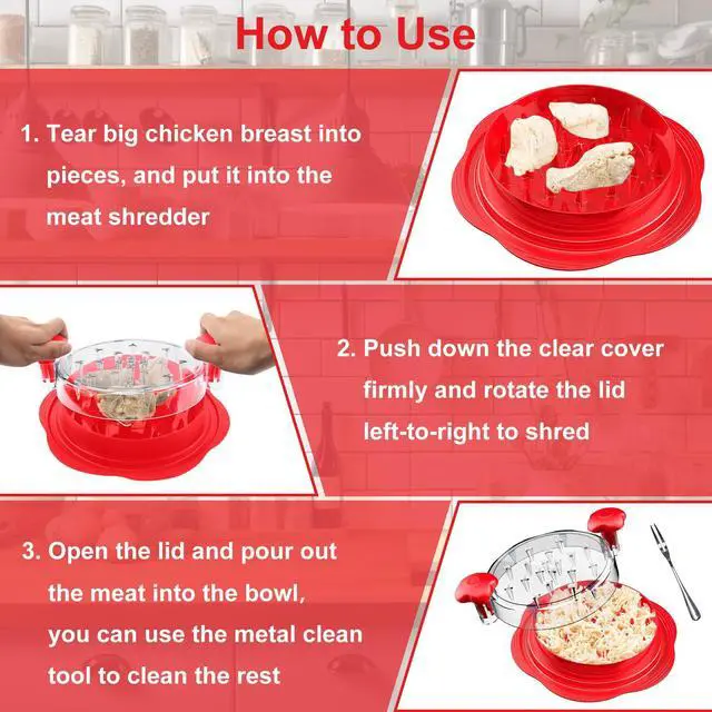 Alt view image 7 of 7 - Chicken Shredder Tool Twist Large Chicken Breast Shredder with Brush&Fork, Visible Meat Shredder Machine, Anti-Slip Strip, Ergonomic Handle, BPA Free, Suitable for Pork Beef Chicken(Red)