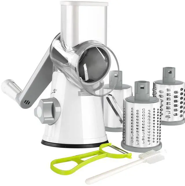 Main image of Rotary Cheese Grater Hand Crank, Kitchen Shredder Speed Mandolin Slicer Nuts Grinder with Handle and Drum Blades for Cheese, Vegetable, Walnuts, Chocolate, Potato, Carrot, 3 Blades, White