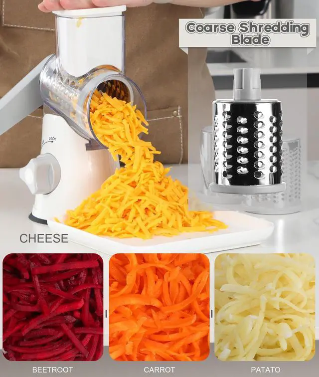 Alt view image 2 of 7 - Rotary Cheese Grater Hand Crank, Kitchen Shredder Speed Mandolin Slicer Nuts Grinder with Handle and Drum Blades for Cheese, Vegetable, Walnuts, Chocolate, Potato, Carrot, 3 Blades, White