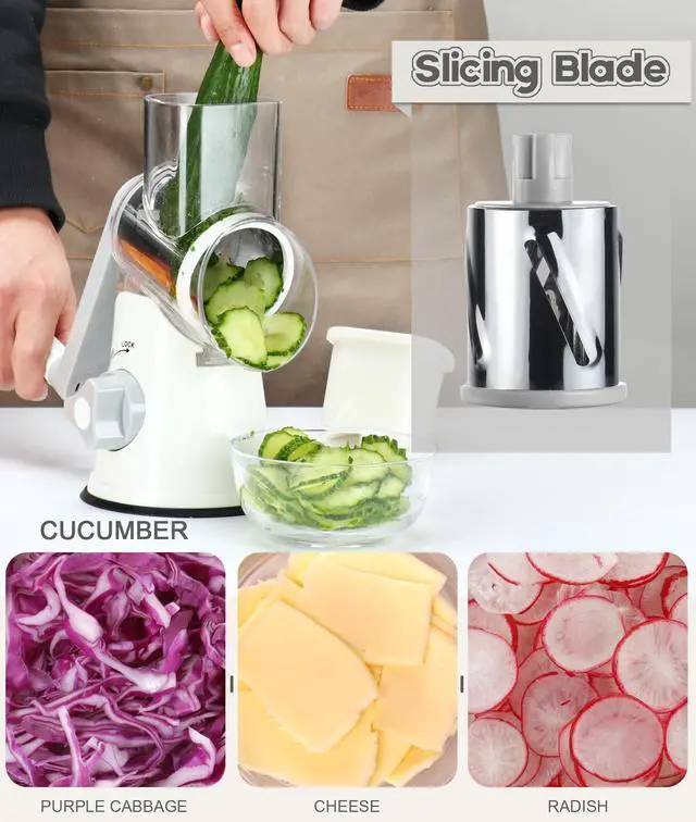 Alt view image 3 of 7 - Rotary Cheese Grater Hand Crank, Kitchen Shredder Speed Mandolin Slicer Nuts Grinder with Handle and Drum Blades for Cheese, Vegetable, Walnuts, Chocolate, Potato, Carrot, 3 Blades, White