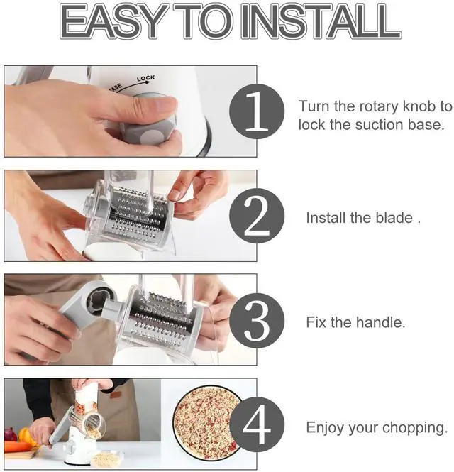 Alt view image 5 of 7 - Rotary Cheese Grater Hand Crank, Kitchen Shredder Speed Mandolin Slicer Nuts Grinder with Handle and Drum Blades for Cheese, Vegetable, Walnuts, Chocolate, Potato, Carrot, 3 Blades, White