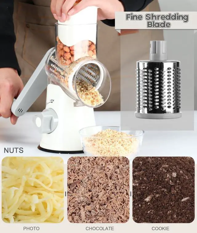 Alt view image 4 of 7 - Rotary Cheese Grater Hand Crank, Kitchen Shredder Speed Mandolin Slicer Nuts Grinder with Handle and Drum Blades for Cheese, Vegetable, Walnuts, Chocolate, Potato, Carrot, 3 Blades, White
