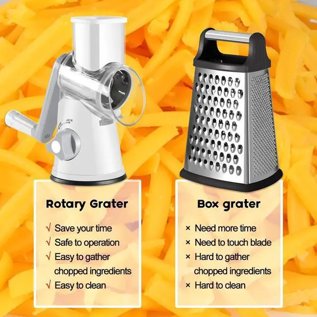 Alt view image 6 of 7 - Rotary Cheese Grater Hand Crank, Kitchen Shredder Speed Mandolin Slicer Nuts Grinder with Handle and Drum Blades for Cheese, Vegetable, Walnuts, Chocolate, Potato, Carrot, 3 Blades, White