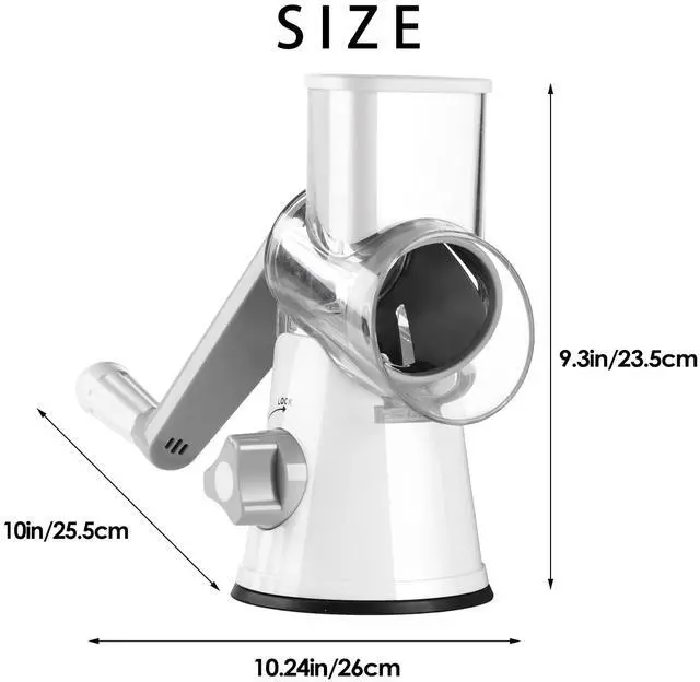 Alt view image 7 of 7 - Rotary Cheese Grater Hand Crank, Kitchen Shredder Speed Mandolin Slicer Nuts Grinder with Handle and Drum Blades for Cheese, Vegetable, Walnuts, Chocolate, Potato, Carrot, 3 Blades, White