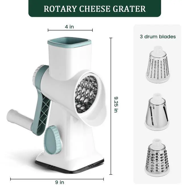 Alt view image 2 of 6 - Rotary Cheese Grater, Hand Crank Cheese Shredder, Vegetable Slicer for Kitchen, Non-slip Suction Base and 3 Interchangeable Blades for Potatoes Zucchini Nuts Chocolate Fruits, WhiteBlue