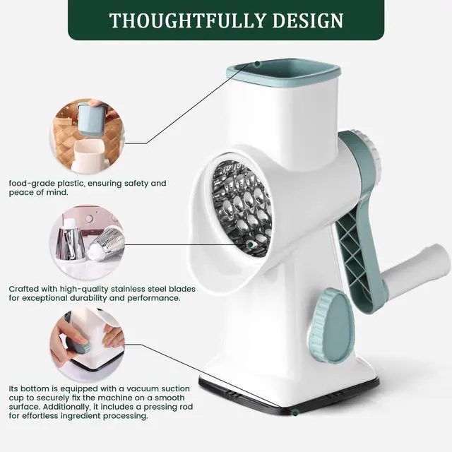 Alt view image 3 of 6 - Rotary Cheese Grater, Hand Crank Cheese Shredder, Vegetable Slicer for Kitchen, Non-slip Suction Base and 3 Interchangeable Blades for Potatoes Zucchini Nuts Chocolate Fruits, WhiteBlue