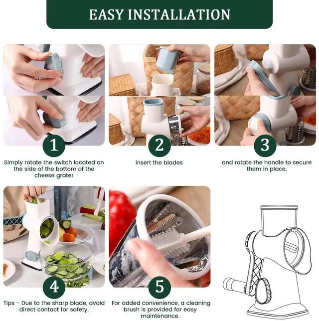 Alt view image 4 of 6 - Rotary Cheese Grater, Hand Crank Cheese Shredder, Vegetable Slicer for Kitchen, Non-slip Suction Base and 3 Interchangeable Blades for Potatoes Zucchini Nuts Chocolate Fruits, WhiteBlue