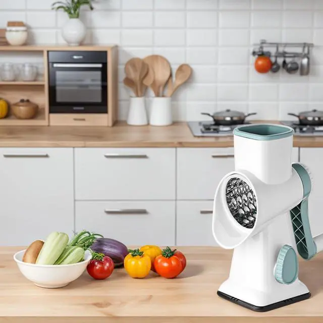 Alt view image 6 of 6 - Rotary Cheese Grater, Hand Crank Cheese Shredder, Vegetable Slicer for Kitchen, Non-slip Suction Base and 3 Interchangeable Blades for Potatoes Zucchini Nuts Chocolate Fruits, WhiteBlue