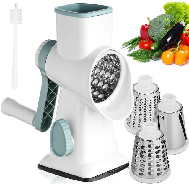 Main image of Rotary Cheese Grater, Hand Crank Cheese Shredder, Vegetable Slicer for Kitchen, Non-slip Suction Base and 3 Interchangeable Blades for Potatoes Zucchini Nuts Chocolate Fruits, WhiteBlue