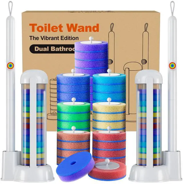 Main image of Disposable Toilet Brush, Hands-Free Toilet Bowl Scrubber for Bathroom Cleaning Featuring 2 Wands, 28 Rainbow Refills and Floor Standing Caddy