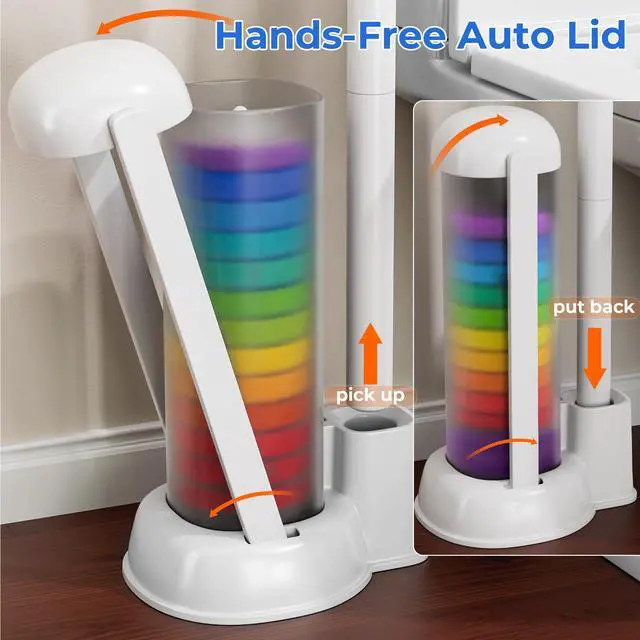 Alt view image 2 of 7 - Disposable Toilet Brush, Hands-Free Toilet Bowl Scrubber for Bathroom Cleaning Featuring 2 Wands, 28 Rainbow Refills and Floor Standing Caddy