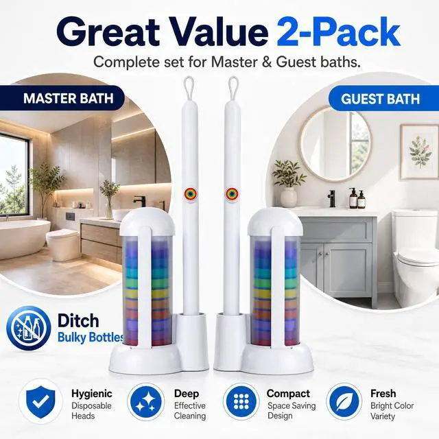 Alt view image 3 of 7 - Disposable Toilet Brush, Hands-Free Toilet Bowl Scrubber for Bathroom Cleaning Featuring 2 Wands, 28 Rainbow Refills and Floor Standing Caddy
