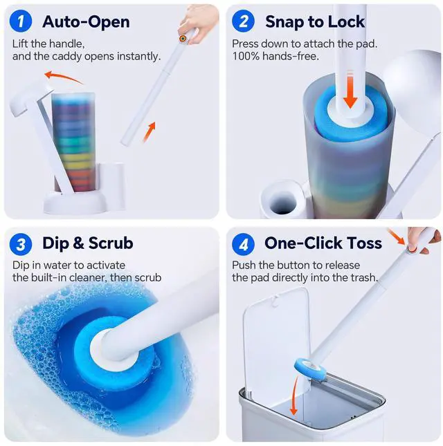 Alt view image 7 of 7 - Disposable Toilet Brush, Hands-Free Toilet Bowl Scrubber for Bathroom Cleaning Featuring 2 Wands, 28 Rainbow Refills and Floor Standing Caddy
