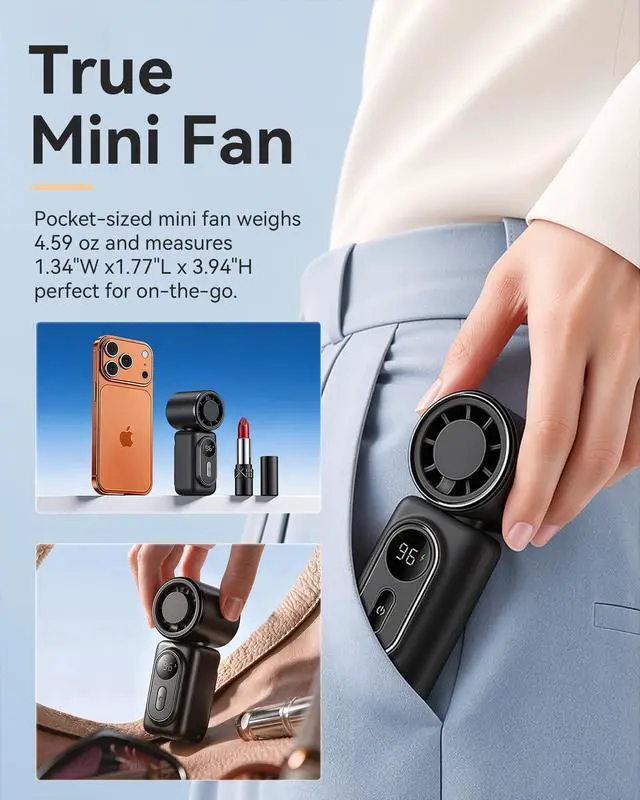 Alt view image 3 of 7 - Mini Clip on Fan Handheld, 3000mAh Rechargeable Portable Fan with LED Display, 3-in-1 Personal Cooling Fan, 5 Speeds Quiet USB C Fan for Stroller Desk Travel Camping Office for Women Men Kids, Black