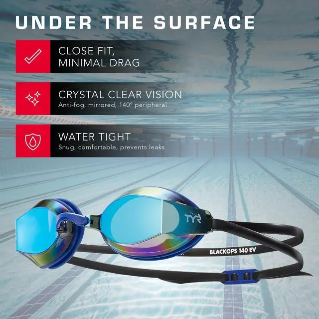 Alt view image 3 of 6 - Blackops 140 EV Racing Goggles Mirrored Swim Goggles for Men & Women, Anti-Fog, UV Protection, Low Profile Competitive Swimming (Gold/Navy)