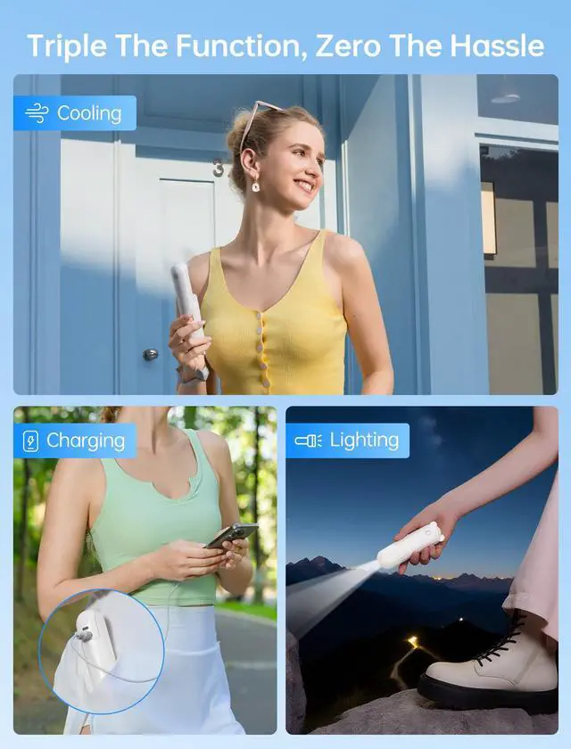 Alt view image 2 of 7 - 3 IN 1 Handheld Mini Fan - Portable Fan & Power Bank & Flashlight, 19H Max Cooling, USB Rechargeable, Pocket-Sized for Travel, Cruise, Concerts, Makeup, 2026 Summer Gifts for Women(White)