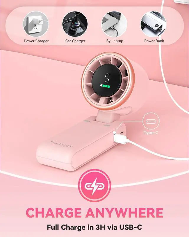 Alt view image 5 of 7 - Portable Handheld Turbo Fan, 5-Speed Personal Fan, USB-C Rechargeable Fan Up to 12 Hours, 3 IN 1 Hand Fan with Air Turbo Tech Cooling, Travel Fan for Cruise, Beach, Gifts for Women (Pink)