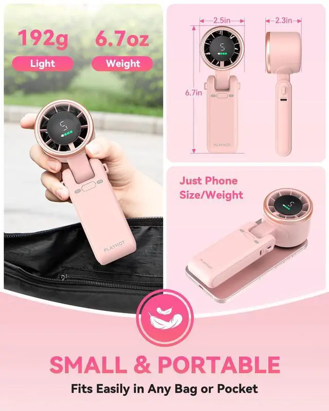 Alt view image 6 of 7 - Portable Handheld Turbo Fan, 5-Speed Personal Fan, USB-C Rechargeable Fan Up to 12 Hours, 3 IN 1 Hand Fan with Air Turbo Tech Cooling, Travel Fan for Cruise, Beach, Gifts for Women (Pink)