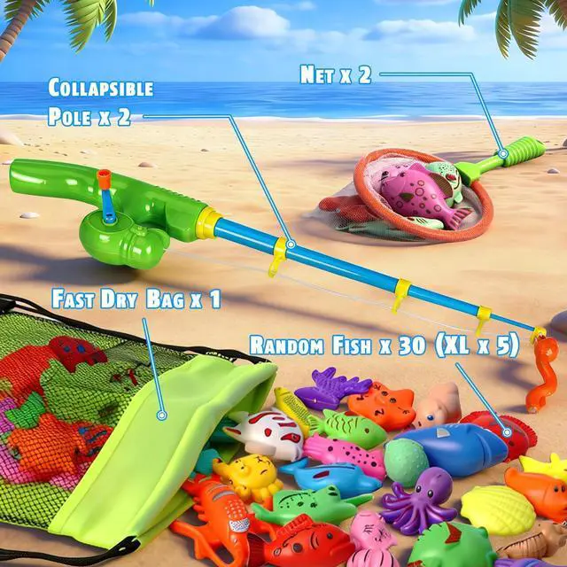 Alt view image 2 of 7 - Magnetic Fishing Toys Game Set for Kids | Water Table Bathtub Kiddie Pool Party Pole Rod Net, Outdoor Plastic Floating Fish, Toddler Bath Color Ocean Sea Animals Birthday Gift Age 3-5 6 4-8