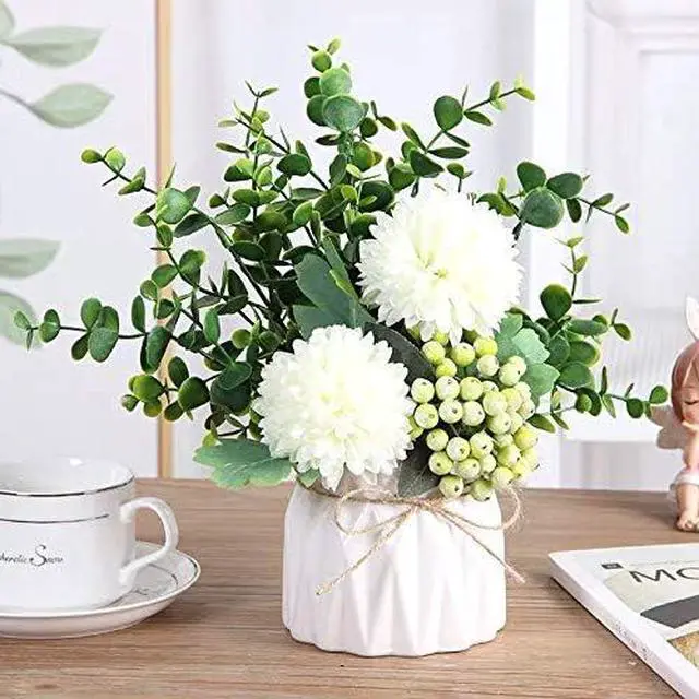 Alt view image 2 of 5 - Artificial Flower Hydrangea and Small CeramicVase Fake Plant Eucalyptus Leaf Berry Flower Arrangement for Home Decoration (White)