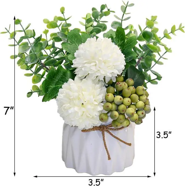 Alt view image 3 of 5 - Artificial Flower Hydrangea and Small CeramicVase Fake Plant Eucalyptus Leaf Berry Flower Arrangement for Home Decoration (White)