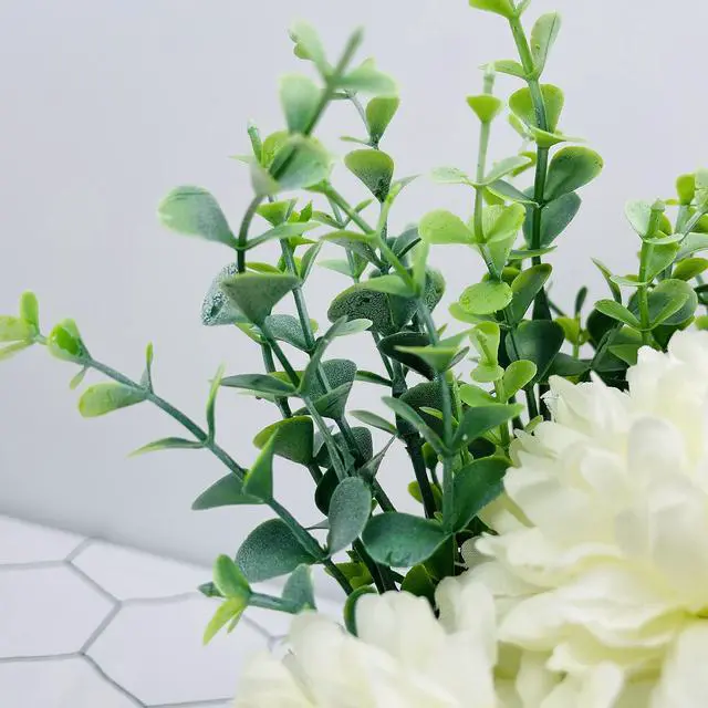Alt view image 5 of 5 - Artificial Flower Hydrangea and Small CeramicVase Fake Plant Eucalyptus Leaf Berry Flower Arrangement for Home Decoration (White)