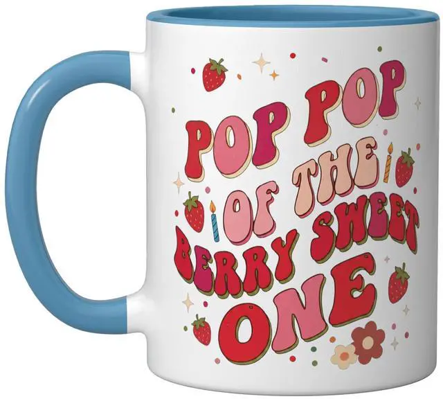 Main image of pop pop Of The Berry Sweet One Strawberry Birthday matching Ceramic Mug, Blue/White