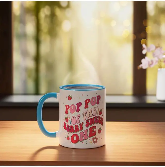 Alt view image 3 of 4 - pop pop Of The Berry Sweet One Strawberry Birthday matching Ceramic Mug, Blue/White
