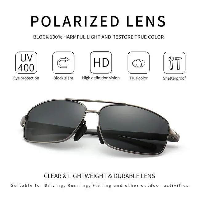 Alt view image 2 of 6 - Ultra Lightweight Rectangular Polarized Sunglasses Men UV400 Protection (Gunmetal Frame Gray Lens, 62) Metal Frame SGT458 QKH-CA