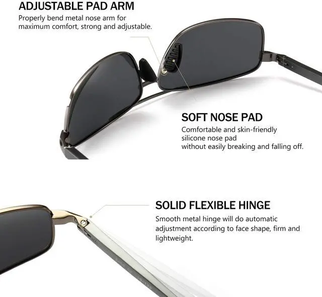 Alt view image 4 of 6 - Ultra Lightweight Rectangular Polarized Sunglasses Men UV400 Protection (Gunmetal Frame Gray Lens, 62) Metal Frame SGT458 QKH-CA