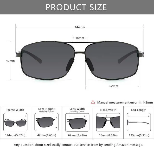 Alt view image 5 of 6 - Ultra Lightweight Rectangular Polarized Sunglasses Men UV400 Protection (Gunmetal Frame Gray Lens, 62) Metal Frame SGT458 QKH-CA