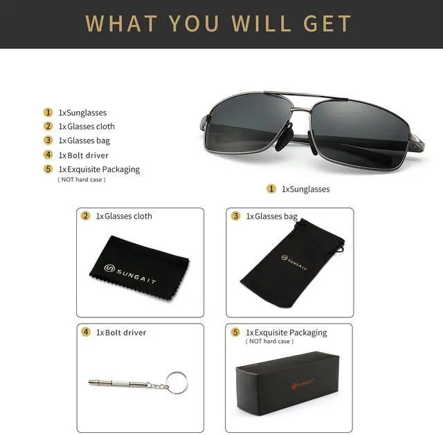 Alt view image 6 of 6 - Ultra Lightweight Rectangular Polarized Sunglasses Men UV400 Protection (Gunmetal Frame Gray Lens, 62) Metal Frame SGT458 QKH-CA