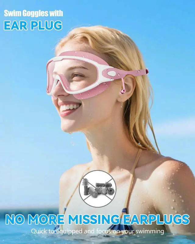 Alt view image 2 of 7 - New Adult Wide View Swim Goggles, Anti-Fog/UV No Leak Swimming Goggles with Ear Plugs for Men & Women