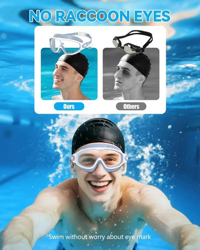 Alt view image 3 of 7 - New Adult Wide View Swim Goggles, Anti-Fog/UV No Leak Swimming Goggles with Ear Plugs for Men & Women