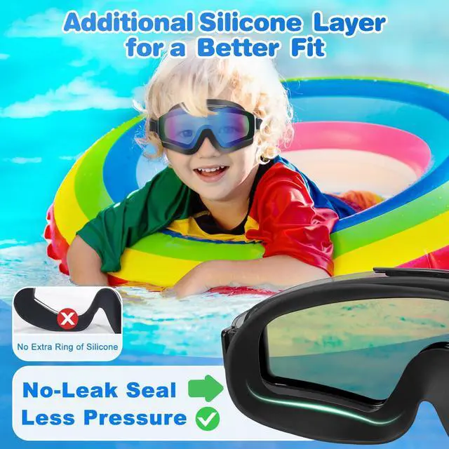 Alt view image 2 of 7 - 2 Pack Kids Swim Goggles Frame Less Design Anti-fog UV Protection Clear Wide Vision No Leak, Water Pool Swimming Goggles for kids 6-14 8-14 8-12 Youth Children Boys Girls