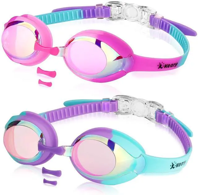 Main image of 2 Pack Kids Swim Goggles Swimming Goggles for Toddler Children Girls Boys Youth, Anti-Fog Waterproof Anti-UV Clear Vision Mirror Flat Lens Water Pool Goggles with 3 Nose Piece, Pink Kids Goggles