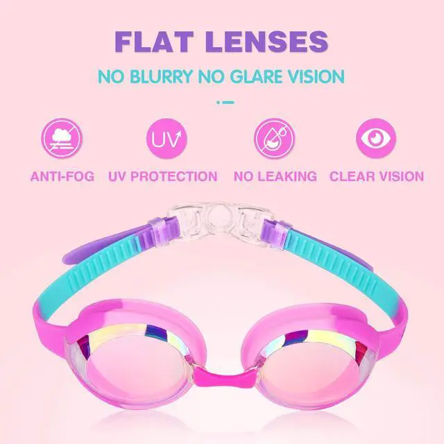 Alt view image 2 of 7 - 2 Pack Kids Swim Goggles Swimming Goggles for Toddler Children Girls Boys Youth, Anti-Fog Waterproof Anti-UV Clear Vision Mirror Flat Lens Water Pool Goggles with 3 Nose Piece, Pink Kids Goggles