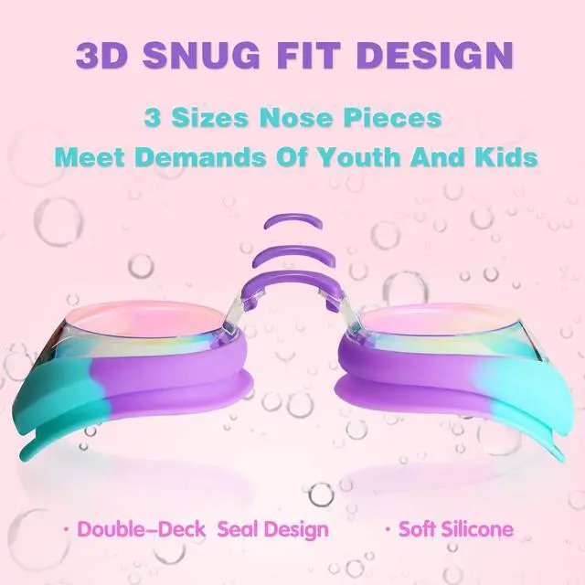 Alt view image 3 of 7 - 2 Pack Kids Swim Goggles Swimming Goggles for Toddler Children Girls Boys Youth, Anti-Fog Waterproof Anti-UV Clear Vision Mirror Flat Lens Water Pool Goggles with 3 Nose Piece, Pink Kids Goggles
