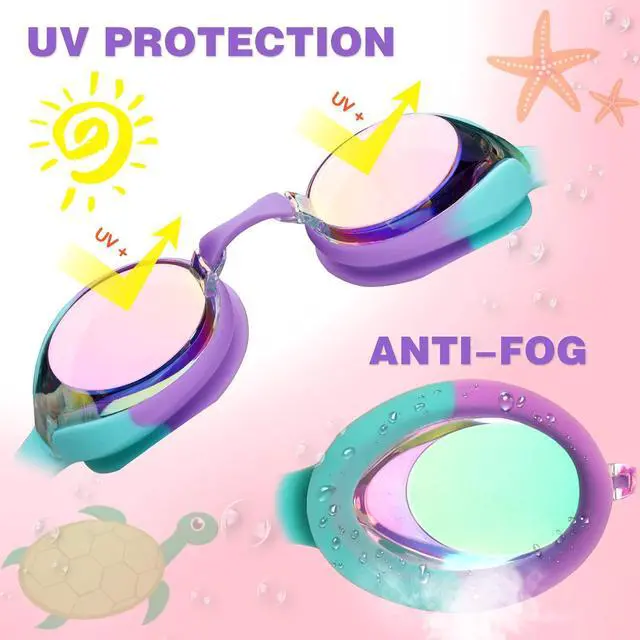 Alt view image 4 of 7 - 2 Pack Kids Swim Goggles Swimming Goggles for Toddler Children Girls Boys Youth, Anti-Fog Waterproof Anti-UV Clear Vision Mirror Flat Lens Water Pool Goggles with 3 Nose Piece, Pink Kids Goggles