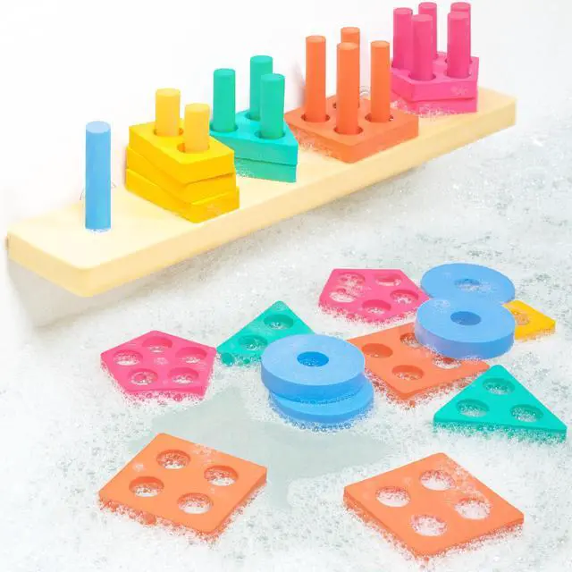 Main image of Splash, Stack & Sort Shape Sorter & Stacking Toddler Bath Toy | 20 Foam Pieces | Color Sorting & Shape Stacking Kids Bath Toys | Floats & Sticks to Tub Walls | Early Learning Bathtub Toys