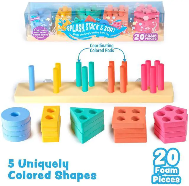 Alt view image 5 of 7 - Splash, Stack & Sort Shape Sorter & Stacking Toddler Bath Toy | 20 Foam Pieces | Color Sorting & Shape Stacking Kids Bath Toys | Floats & Sticks to Tub Walls | Early Learning Bathtub Toys