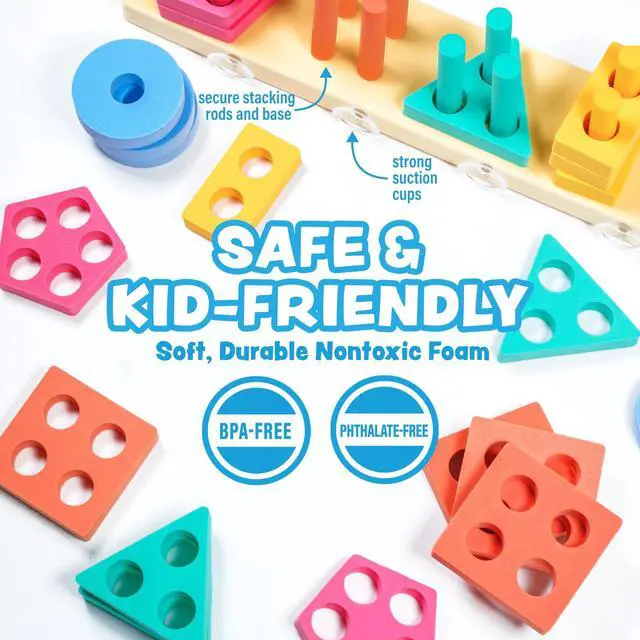 Alt view image 6 of 7 - Splash, Stack & Sort Shape Sorter & Stacking Toddler Bath Toy | 20 Foam Pieces | Color Sorting & Shape Stacking Kids Bath Toys | Floats & Sticks to Tub Walls | Early Learning Bathtub Toys