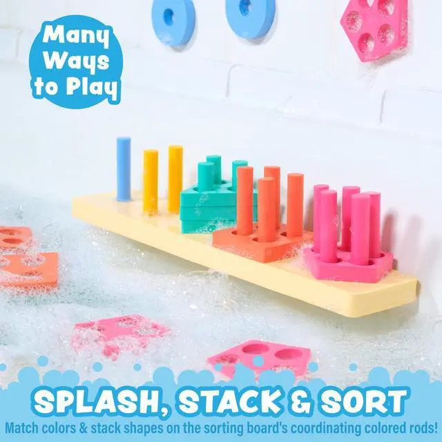 Alt view image 3 of 7 - Splash, Stack & Sort Shape Sorter & Stacking Toddler Bath Toy | 20 Foam Pieces | Color Sorting & Shape Stacking Kids Bath Toys | Floats & Sticks to Tub Walls | Early Learning Bathtub Toys