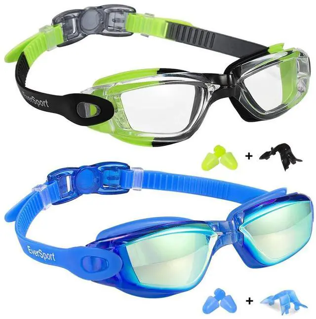 Main image of Kids Swim Goggles, Pack of 2 Swimming Goggles for Children Teens, Portable Anti-Fog Anti-UV Youth Swim Glasses Leak Proof for Age4-16, Green/Black & Mirrored Blue