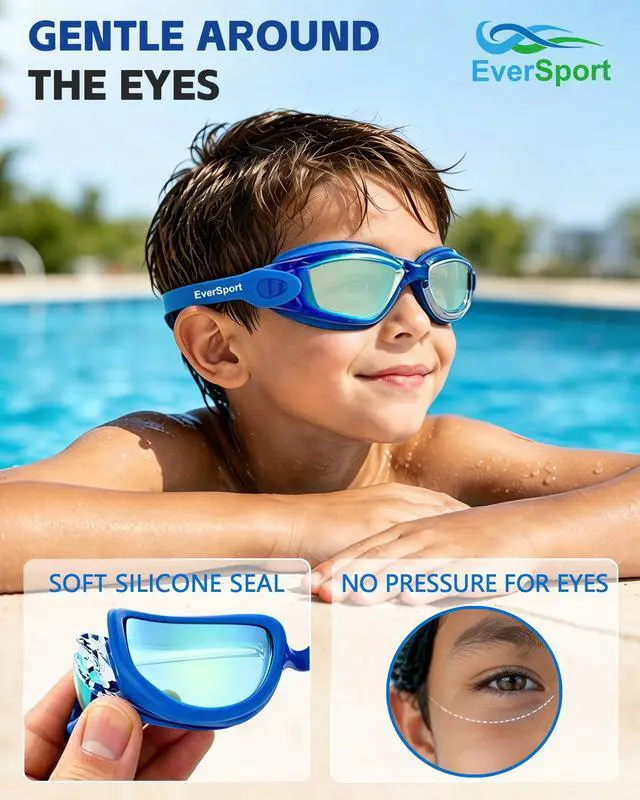 Alt view image 2 of 7 - Kids Swim Goggles, Pack of 2 Swimming Goggles for Children Teens, Portable Anti-Fog Anti-UV Youth Swim Glasses Leak Proof for Age4-16, Green/Black & Mirrored Blue