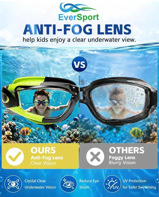 Alt view image 4 of 7 - Kids Swim Goggles, Pack of 2 Swimming Goggles for Children Teens, Portable Anti-Fog Anti-UV Youth Swim Glasses Leak Proof for Age4-16, Green/Black & Mirrored Blue
