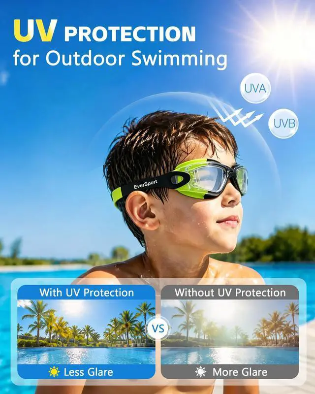 Alt view image 5 of 7 - Kids Swim Goggles, Pack of 2 Swimming Goggles for Children Teens, Portable Anti-Fog Anti-UV Youth Swim Glasses Leak Proof for Age4-16, Green/Black & Mirrored Blue